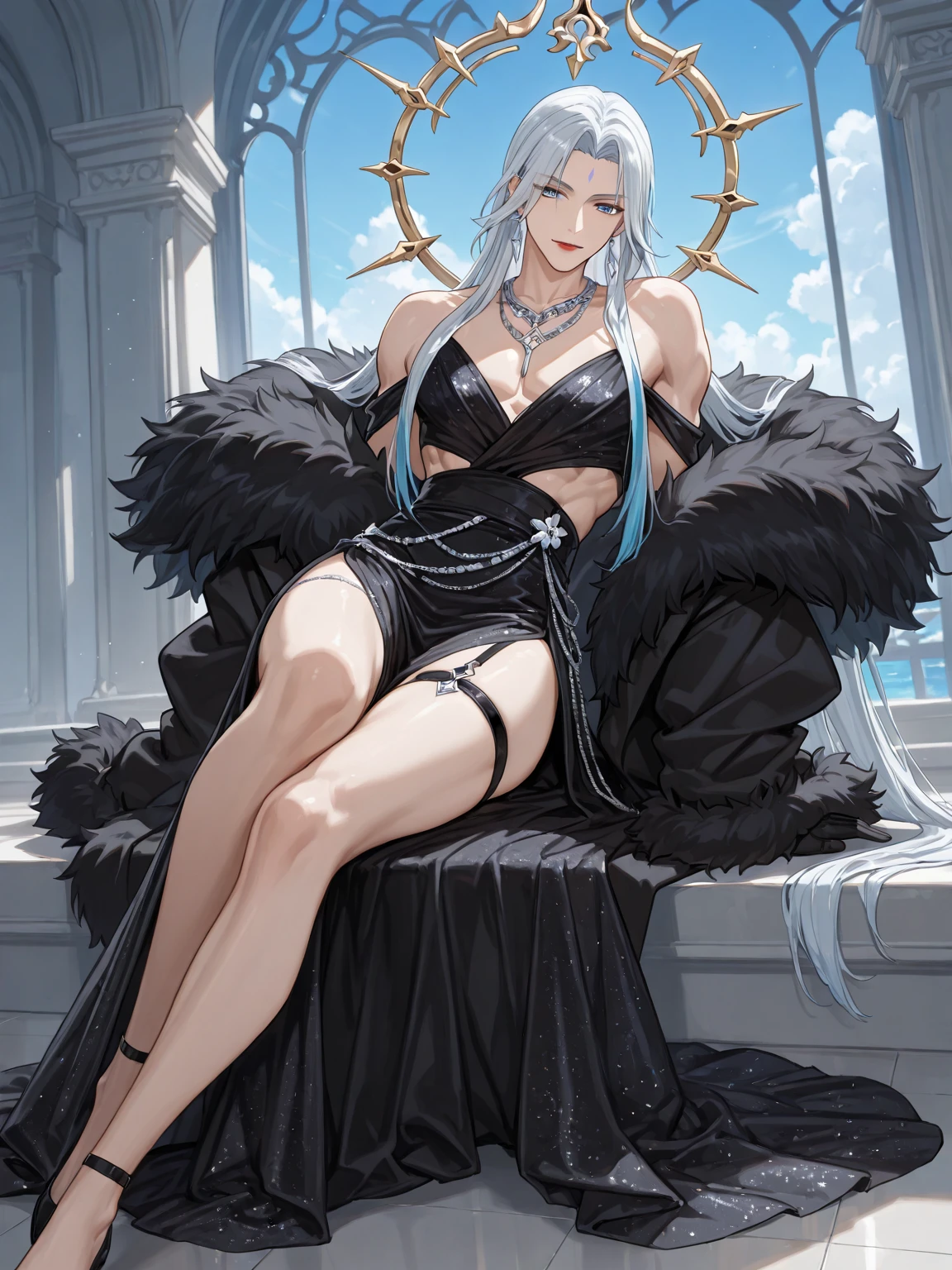 Noble Mansion,(gray hair:2.0),Slender high straight ponytail,gold headband,Standing close-up,dream world,Mature lady,(Slender blue phoenix eyes,lipstick,long eyelashes),long eyelashes,Contact lenses,gemstone gold necklace,(Off-shoulder blue fur dress,fur tube top,fur strapless,wide cuffs,Long skirt,belt:2.0),fur tube top(big breast)ballroom background,(soft light and shadow:1.9),fur high heels,plush high heels,Detailedly drawn backgrounds