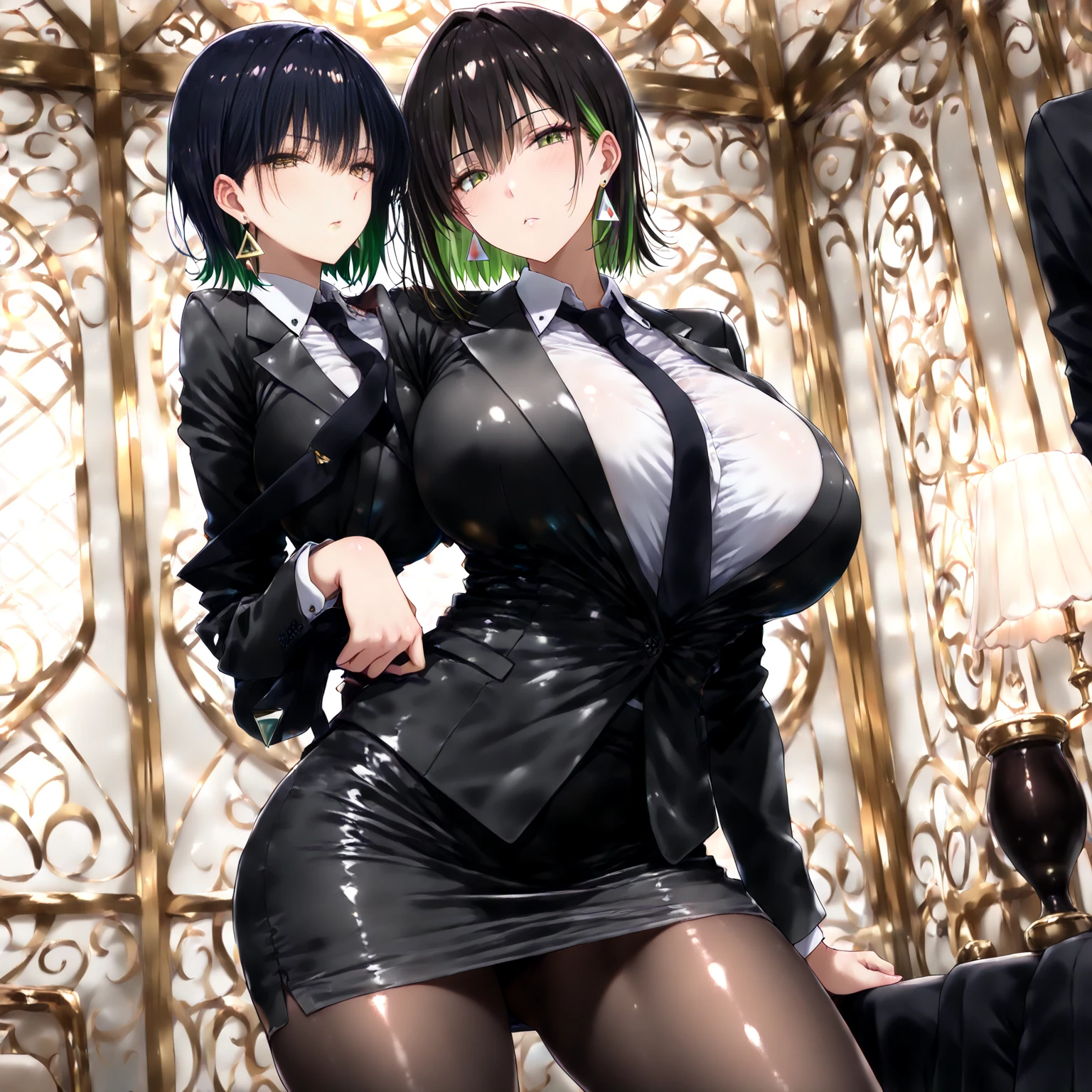 a sexy girl,Shizuku Murasaki, hxh, black hair, short hair ,short-layered black hair with, black glasses, black longsleeve, blue jeans, big eyes, golden cross pendant, spider tattoo on abdomen, big ass, view from behind