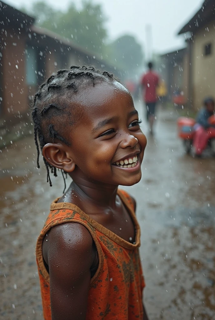 A realistic photo of African kids (mixed) playing under rain, perfect face features, perfect eyes, perfect body, smiling, hopeful, volumetric lighting, sun rays, detailed shadows, indoor, hasselblad X2D 100c, hasselblad XCD 80mm f/1.9 lens, depth of field, bikes, film grain, sharp focus, photorealistic, masterpiece, intricate details, high contrast, 8k, UHD, HDR, high-res, best lens, absurdres, award winning photography, best composition, rule of third, full body shoot.