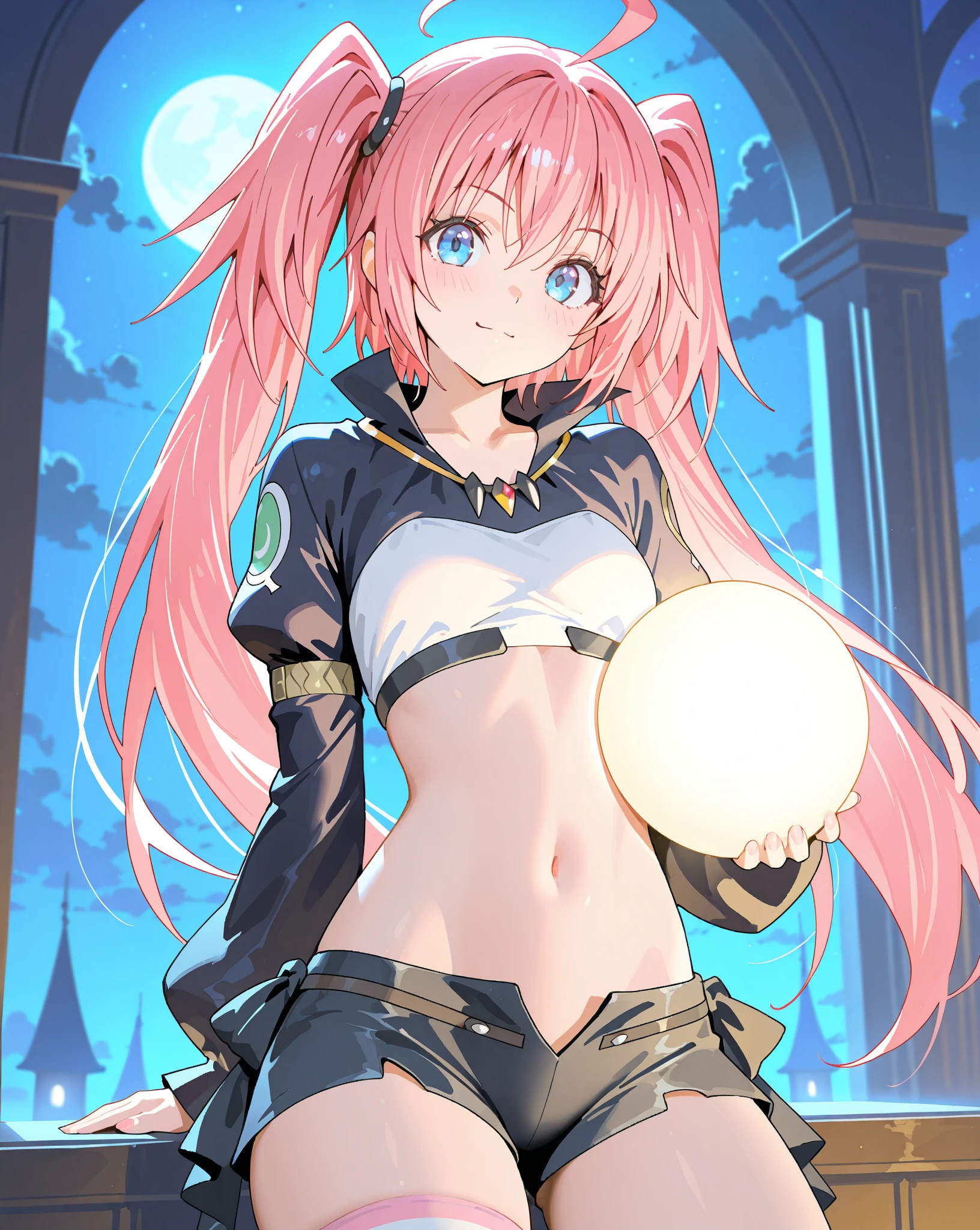 1Female、When I was reincarnated, I was a slime character(child)、masterpiece、superior quality、precise、animesque、child Demon King、Aimei、beautiful blue eyes and detailed、Pink hair、two-tailed、Proud double tails, very short black bikini 、Average breasts、True to the original、((barefoot)), muscular belly, beautiful muscular legs, Thick legs, (Smile), standing, (full body photography), city scene, night and starry skies