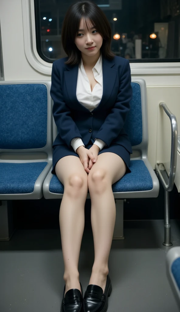 (((Sit well))), Beautiful Japanese woman sitting on a train seat, Taken from the opposite seat, Knee height seat, View Photographer, Tall Woman, One Woman, whole body, (Contemptuous look), skirt, High heels, Wearing pantyhose, ((Highest quality)), ((Intricate details)), ((Surreal)), Mature Woman, Very detailed, (Big Breasts), Perfect hands, Finger details, Beautiful and detailed, Long black hair, Brown eyes, Detailed Background, Perfect Eyes, Captivating eyes, Random Hairstyles, Very beautiful legs
