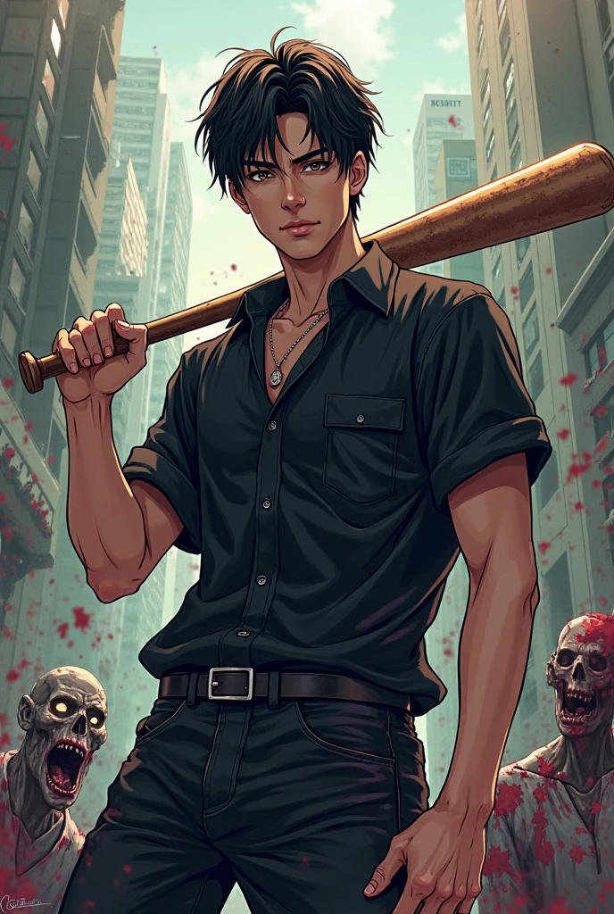 Converted to 2D hot-blooded anime style,Close-up:A man holding a baseball bat,Standing in front of a group of zombies, Does not change the image content,And fix the picture characters,