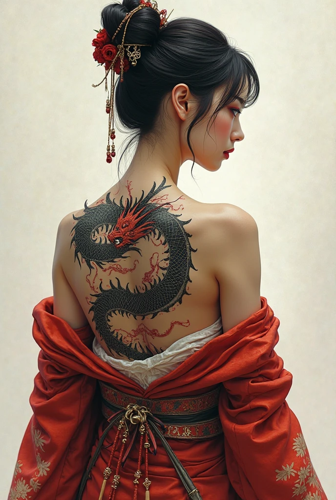 Get a Red Japanese Dragon Tattoo with Fire and Past Lives, sun and moon and nature on the back of a white woman