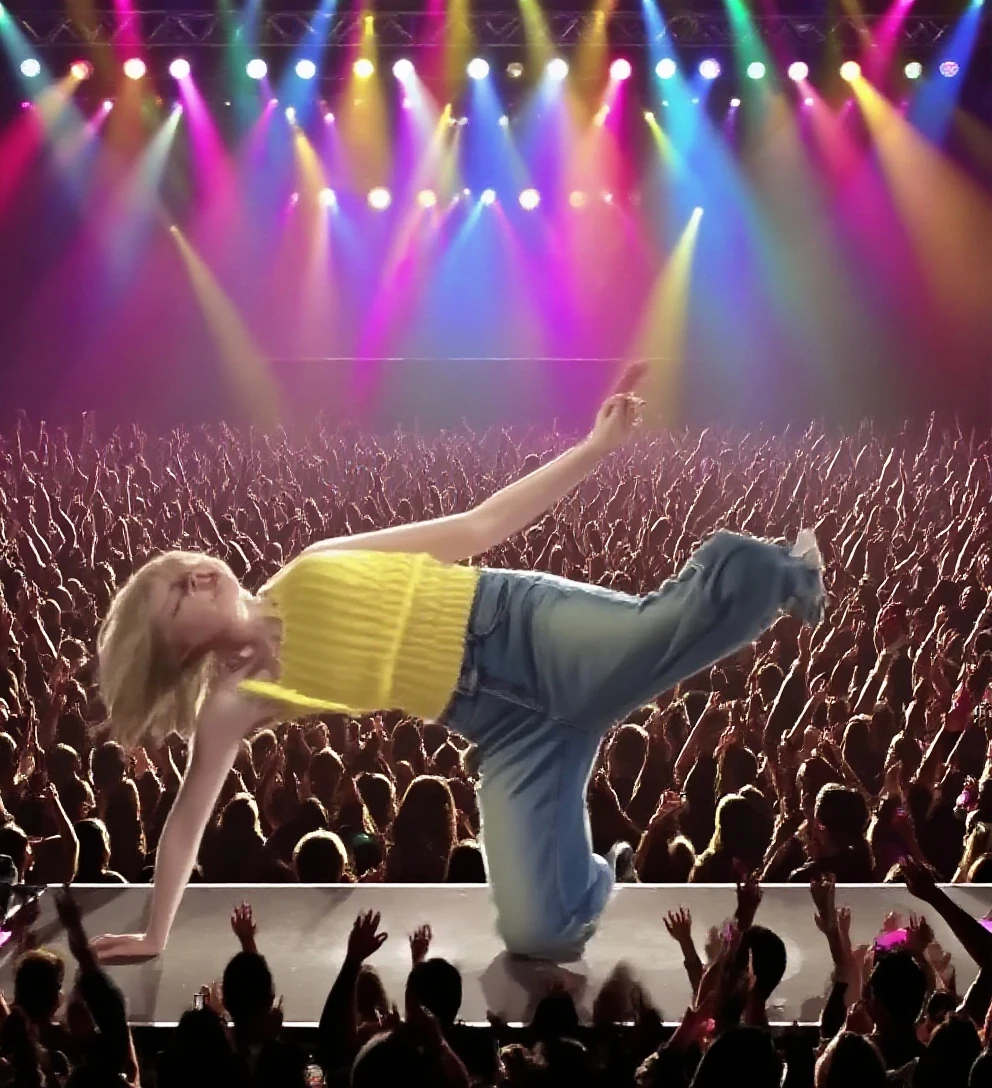 Miley cyrus, young, hole body,stage, crowdsurfend , lets fans touch him, ​masterpiece, anatomically correct