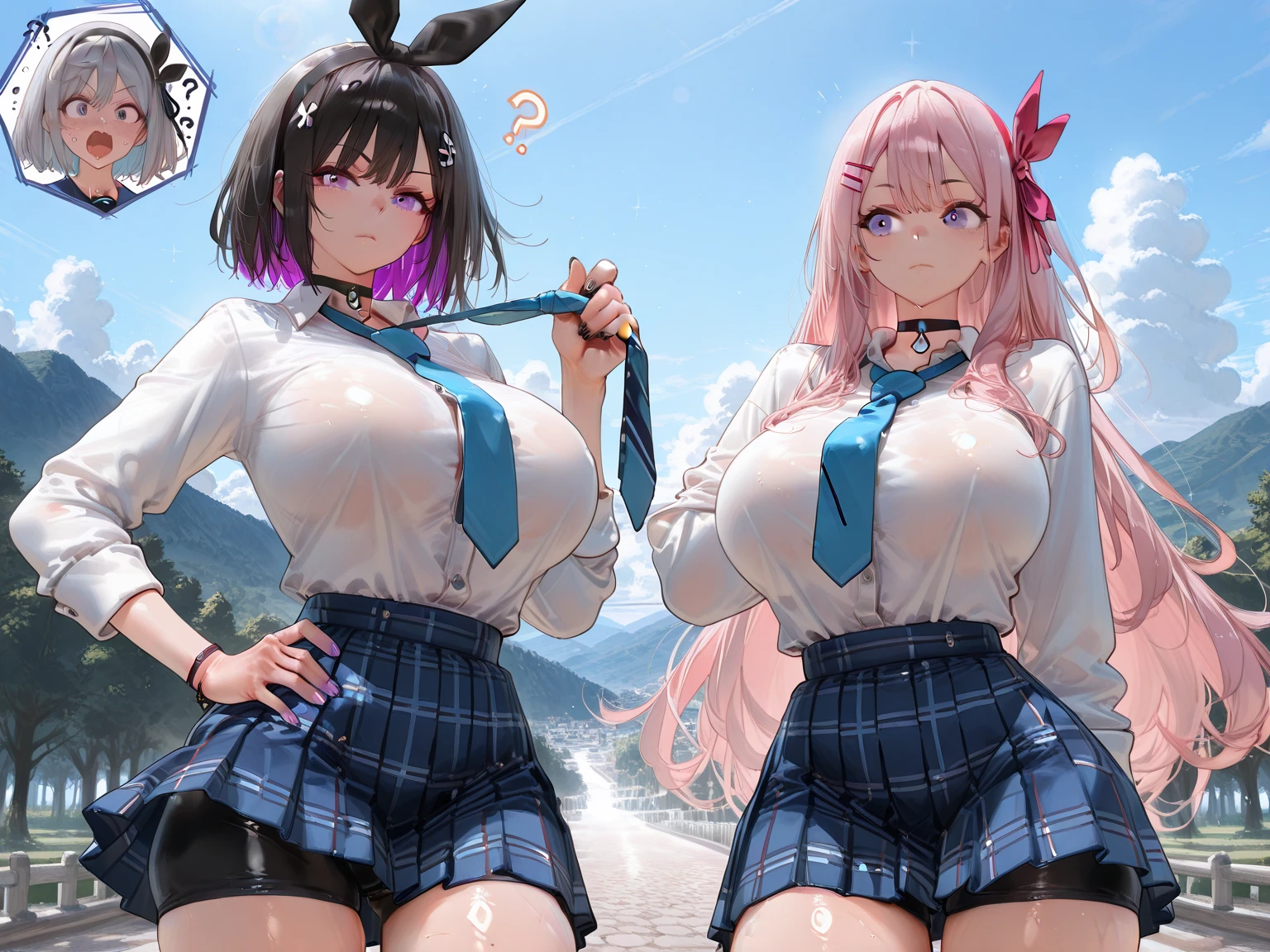 Drawn in manga style、((家と学校の近くでbicycleに乗る美しい女子高生)), 1 girl, ground vehicle, underwear, bicycle, panties, alone, skirt, long hair, black hair, outdoor, white panties, null, Day, blush, blue eyes, cloud, pantyhose, white shoes下, looking at the viewer, shoes下, long sleeve, shoes, blue null, bangs、camel toe、huge tit、Nipple Puffs、cleavage、Plump、Super big breasts、super big butt、earrings、earrings、necklace、thick lips、heterochromia、bangles、Caster wheel、first round、hair charm、lip gloss、The cutest in the world
