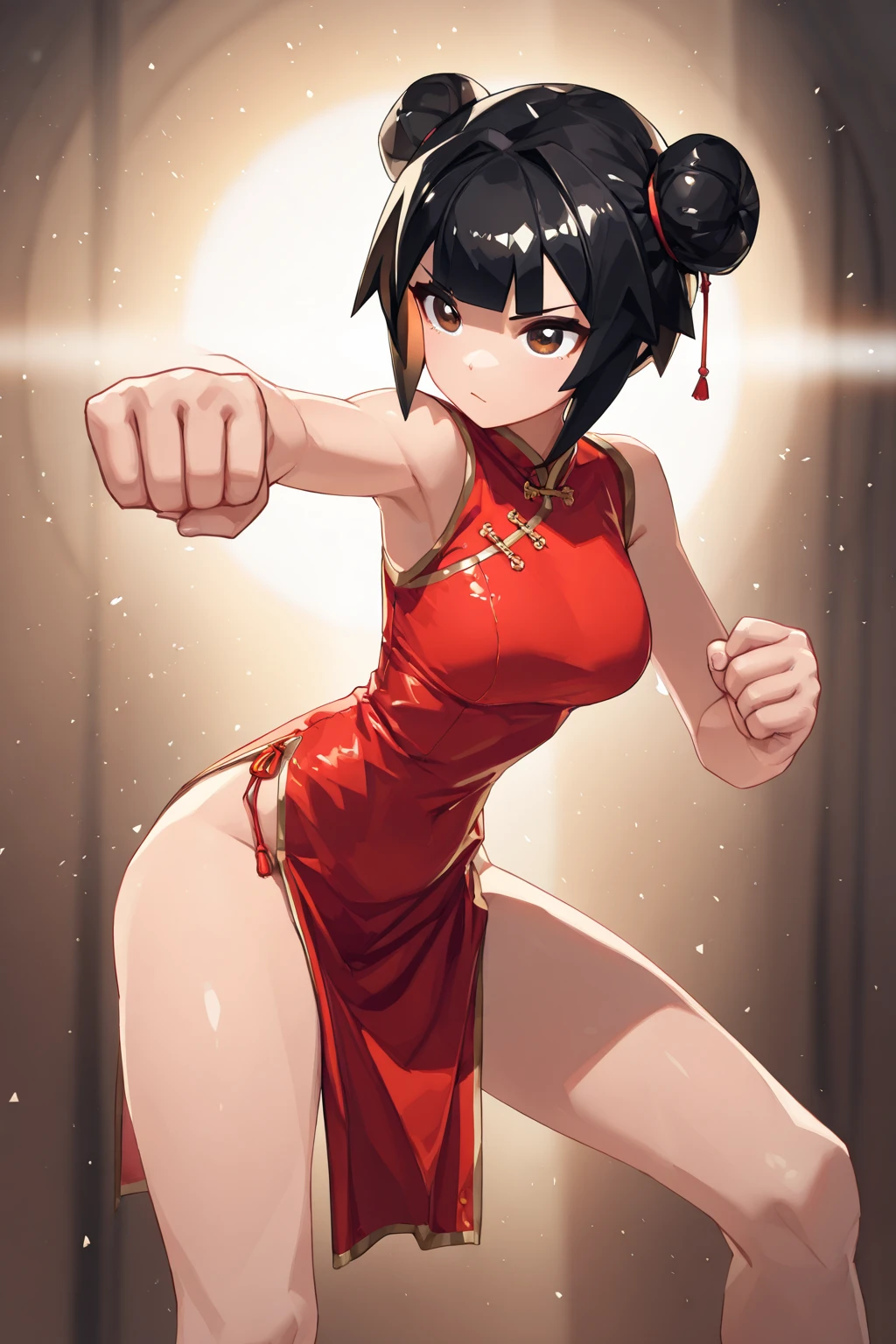 score_9, score_8_up, score_7_up, score_6_up, bouncing breasts,  unaligned breasts, afterimage, motion lines, swinging breasts, 1girl, china dress, nagara \(kancolle\), large breasts, black hair, brown eyes, elbow gloves, dated, white gloves, red dress, chinese clothes, one eye closed, short hair, simple background, one side up, blush, grey background, open mouth, artist logo, covered navel, sleeveless dress, alternate costume, one-hour drawing challenge, solo focus, side ponytail,  Bouncing Breasts, <lora:BouncingBreasts-XL-V1:1>