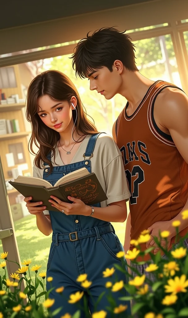 A tall and strong 18years old girl close to a short and shy 18 years old boy at a library