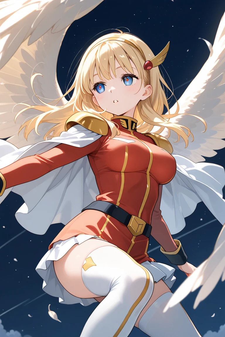 adult girl, short blonde hair, high ponytail, blue eyes, Smile, red jacket, white pants, diadem, Gold Elements, She-ra, Masterpiece, hiquality, 4k, HD, Good detail