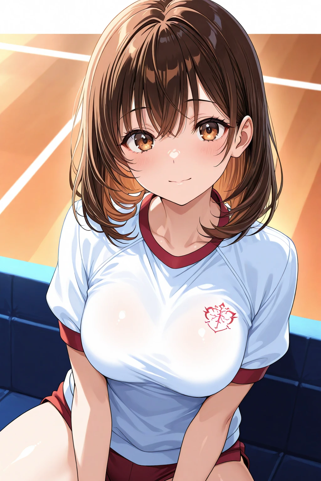 mastute piece,Best Quality,insanely detailed,8k cg,nsfw,
(shoot upper body:1.3),
(1girls:1.3),standing,looking at viewr,body in front,(both arms behind back:1.4),(volleyball wear:1.3,buruma:1.2),(bare breasts:1.4),break,
blush,shy,(ecstasy face),(trembling:1.2),break,(light brown hair:1.2),
break,
perfect breasts,(perfect teats:1.2),(open mouth:0.9),(large breasts:1.3),
(volleyball court:1.1),