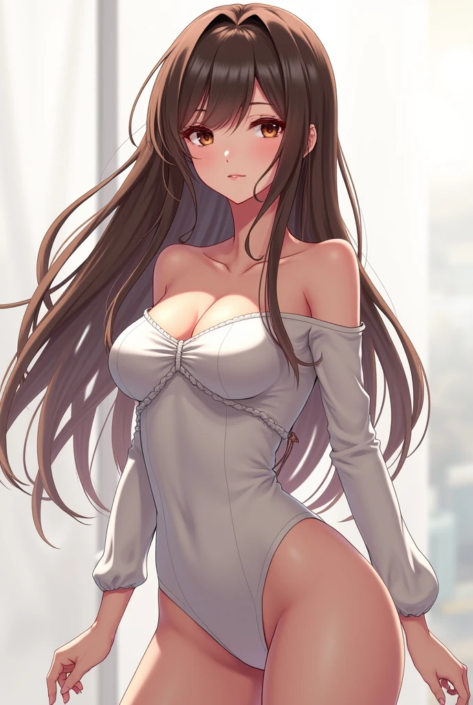 NSFW、tall、Toned body、slim body、((masterpiece))、((Highest quality))、((detailed)、((Adult female))、(((Light brown skin)))、((Shoulder-length wavy hair))、amount、(Light brown hair)、((Slanted Eyes))、Large Breasts、photograph、美しくdetailedな顔、detailedな目、Bright smile、Outdoor、Sleeveless white dress