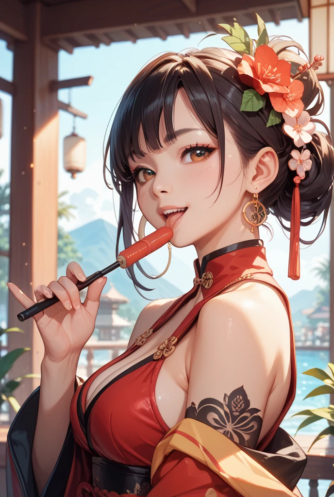 1girl, Bad girl, japanaese girl、Beautie、bare shoulders, A dark-haired, brown-eyed, cleavage of the breast, eyeshadows, with floral pattern, florals, hair adornments, hair stick, Raise your hands, ngel, Hold the smoking pipe, komono, kanzashi, kimono, kiseru,, lipsticks, Look at viewers, makeup, manicure, off shoulders, red-lips, red claw, sarashi, Smoking pipe, 独奏, The tattoo, Uploaded, The upper part of the body, white backgrounid,a matural female,seducting smile
