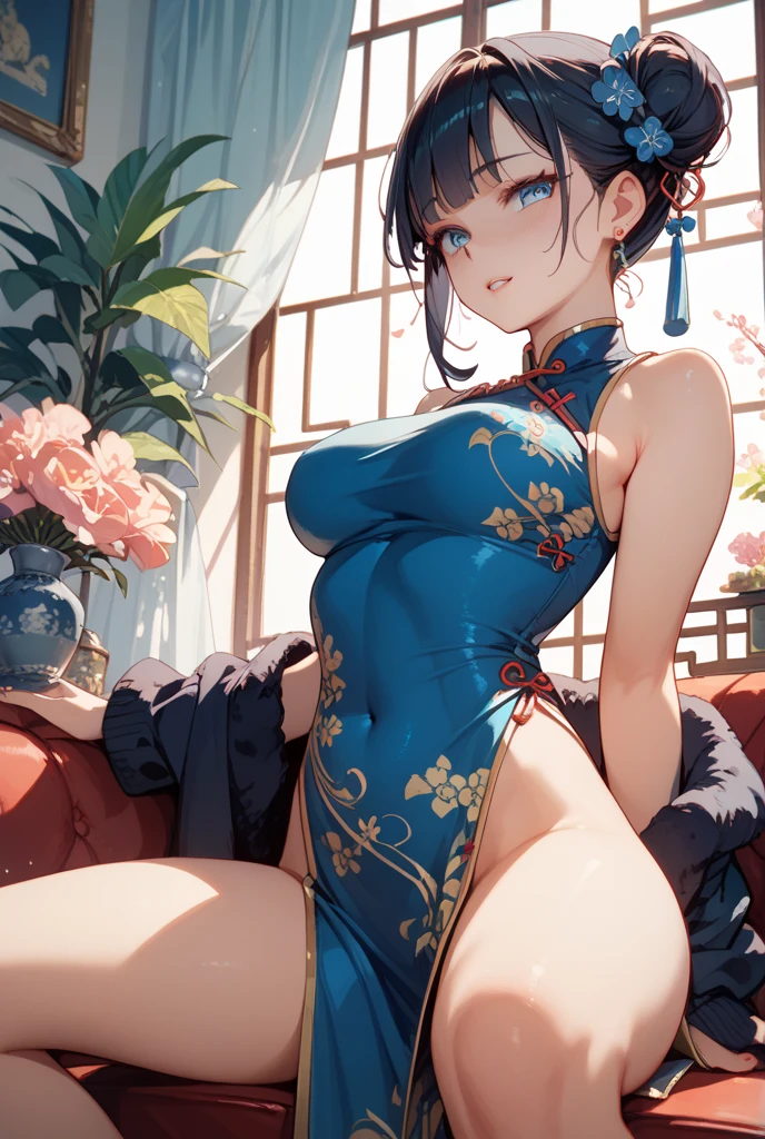最high quality、best image quality、masterpiece、Curvaceous yet slim body、perfect eyes, perfect face,The exact number of fingers、Exact number of legs、The exact number of armatures((Bust size 170 , beautiful blue eyes、((1 adult female:1.8))、big breasts、beautiful nipples、beautiful big breasts(erect nipples:1)、sexy look、big breasts,、((dark brown short hair:1.8,inward curl hair:1.8))、big breasts cleavage、((Dark Blue Cheongsam:1.5、golden embroidery))、show your whole body、black wristband on wrist、Golden Necklace、red face、Slippery texture))high quality、beautiful art、With background((bed)))table top、visual art、Depth of written boundary、One earring in each ear、head band、Golden Necklace