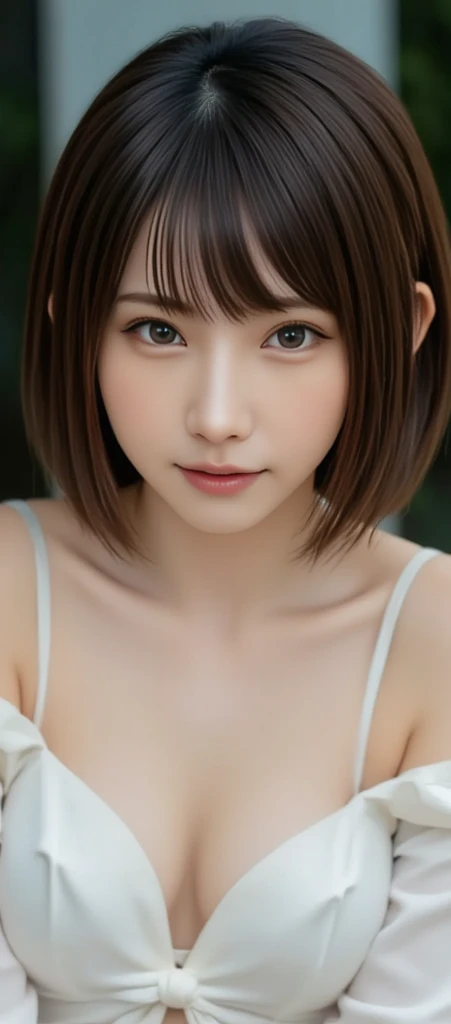 (8k, Photorealistic, RAW Photos, Best image quality: 1.4), Japanese schoolgirl、Short Bob、Super detailed face、Eye on the details、double eyelid、Sharp focus:1.2、Beautiful woman:1.4、Light brown hair、Highest quality、masterpiece、Ultra-high resolution、(Photorealistic:1.4)、Highly detailed and professionally lit smiles、(White dress:1.5)、blush、Open your mouth a little、Watery eye、amount、erect nipples、slouch、Cleavage、Small breasts