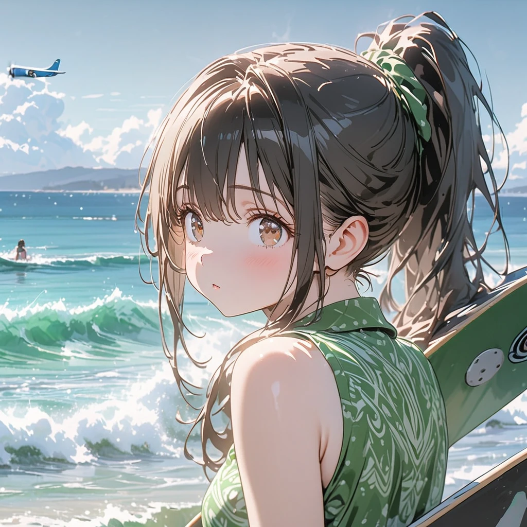 arafed girl in green top laying on beach with surfboard, isabela moner, alanis guillen, headshot profile picture, profile pic, cute beautiful, beautiful cute, fanart, avatar image, cute young girl, 8k selfie photograph, young and cute girl, beautiful young girl, youthful taliyah, young cute face, violet myers
