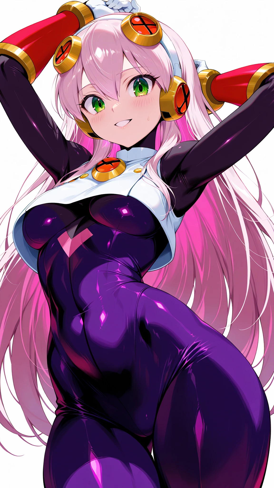 (masterpiece), best quality, expressive eyes, perfect face, (muscular:0.8), silver hair, (big breast:1.1), (curvy:1.1), ((blank background)), ((full body framing)), (thick thighs:1.2), ((big legs:1.6)), Straight hair, (fuchsia and white bodysuit:1.8), female android, plugsuit, pilot suit, (very tall girl) , perky breast:1.3, red eyes, huge girl