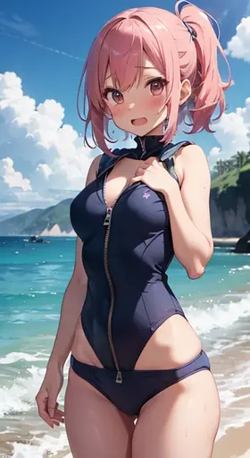 mastute piece,Best Quality,insanely detailed,8k cg,nsfw,
1girl,(navy blue school swimsuit with zipper that from chest through crotch to butts),
BREAK,
blush,shy,ecstasy face,gasping,trembling,pink hair,
break,
perfect breasts,open mouth,
beach,