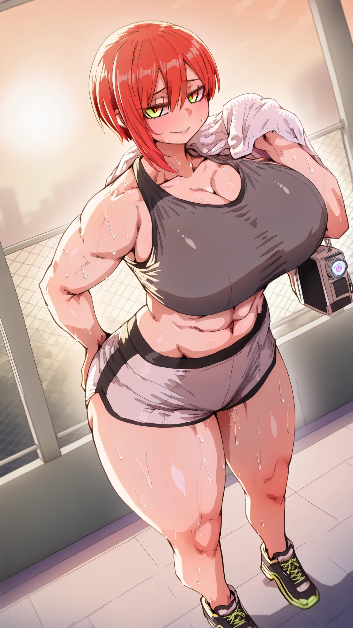 Personnage de Makila (chainsaw man), deux filles rousses cheveux rouges obèses qui se regardent avec amour dehors sous un ciel étoilé, sur une colline d'herbes, ventre gros et gras sorti, sexy, tendresse, visage fermé et sévères, visages très détaillés, joues potelées et gras, double menton. Elles ont un corps très gras, ssbbw, très belles femmes