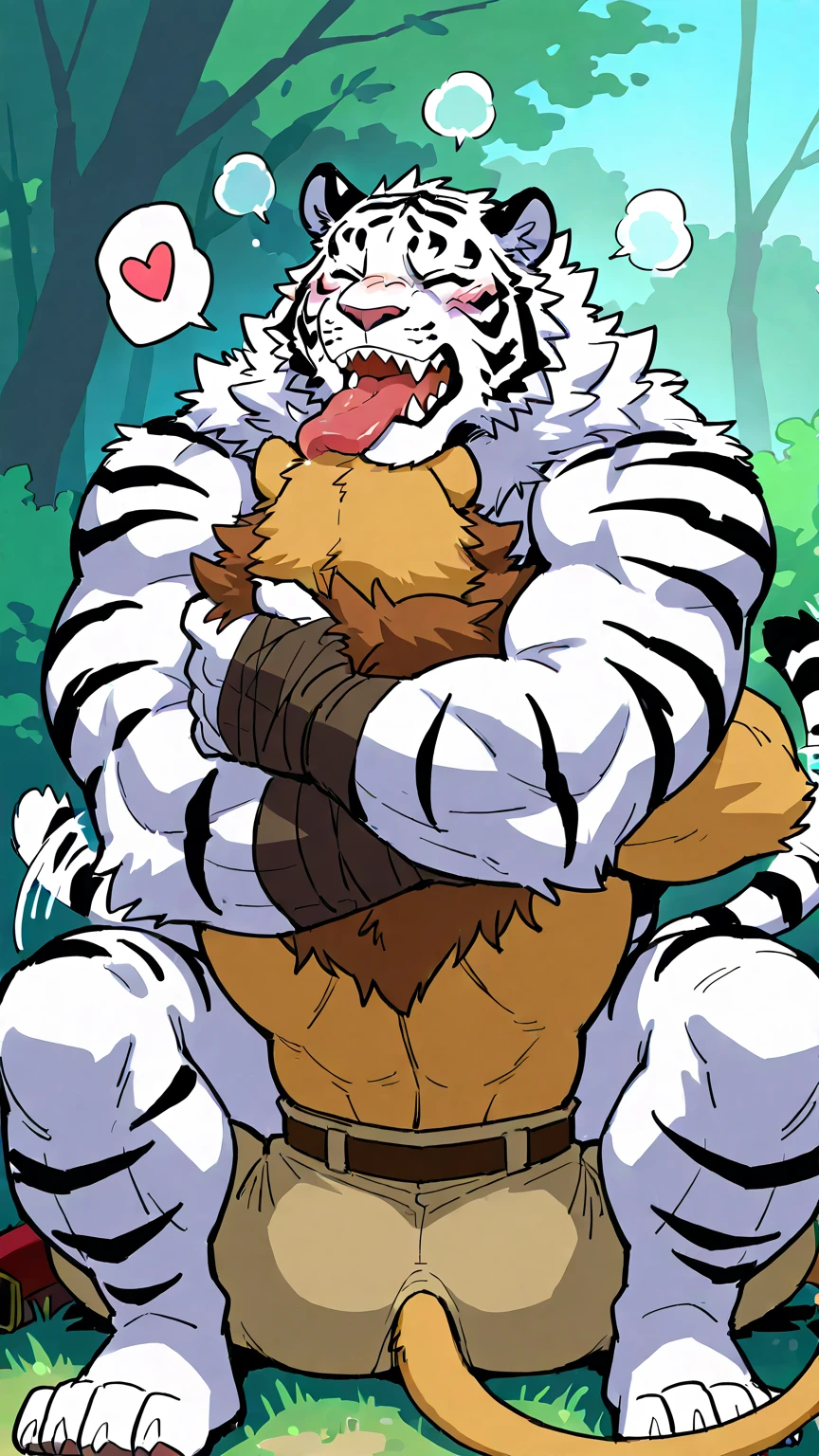 giant black dragon wrestler, small white tiger ninja, wresling, submission hold, [black dragon:lying on back, head lock, crossing arms, hugging, arms around neck, heavy weight bulky fat, giant plump muscular body, thick arms, big pectoral muscles, venis popping, evil grin, looking down, wrestling spandex], [white tiger:shota, ninja costume, lying, head between pecs and arms, pain, closing eyes, open mouth], motion blur, motion line, evil temple background, fullbody, from above