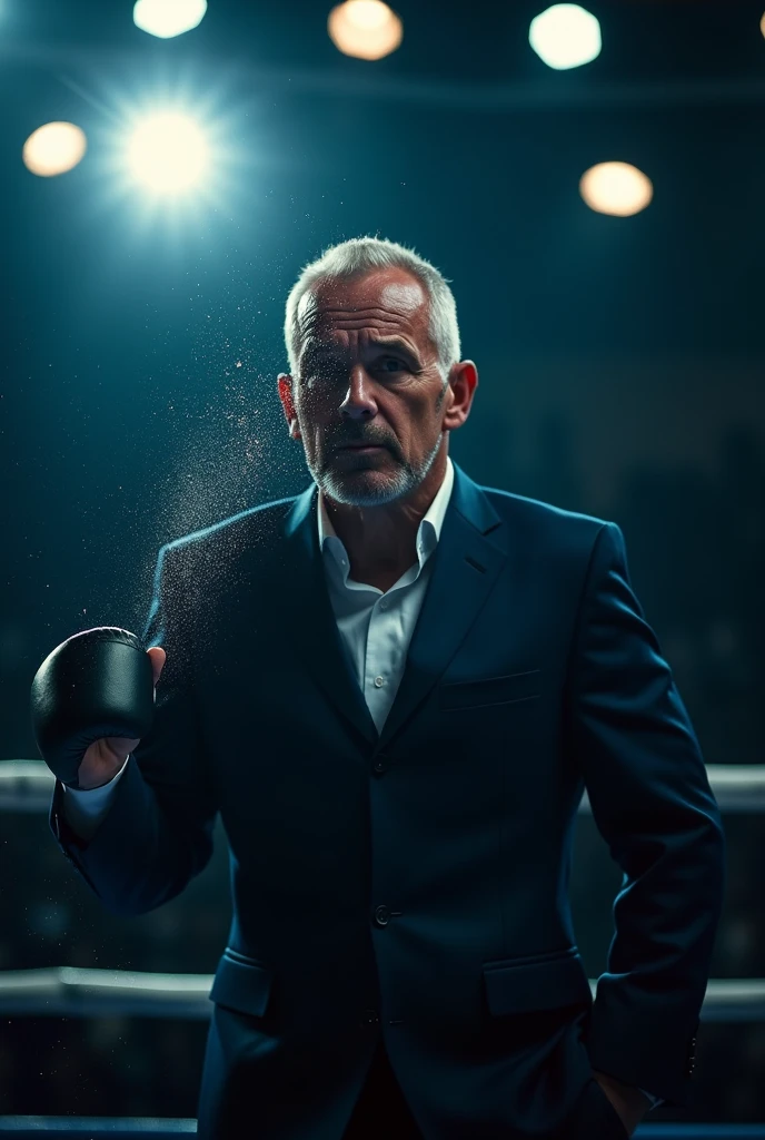 Young guy in his thirties, with boxing gloves, fighting his 50 years old manager wearing a suit in the working open space. Realistic picture shot with an Iphone 14