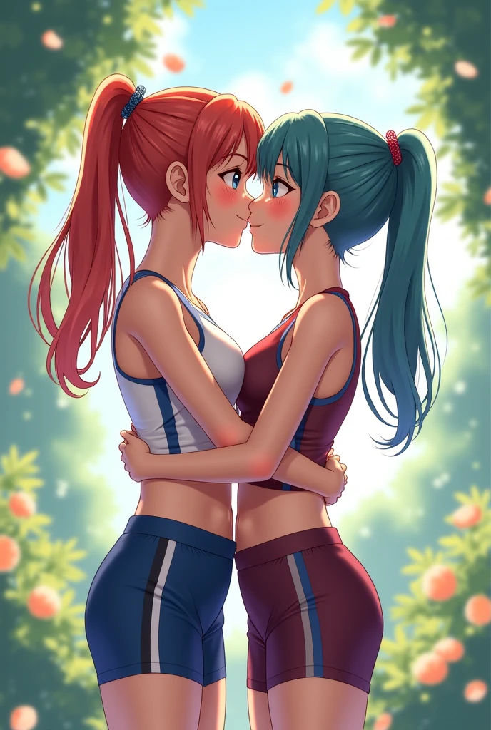 "(2 women kissing, Sakura kissing Ino, blond and pink hair), sexy sleeveless workout clothes, sweat, workout, small breasts, yuri:1.4, provocative, scene background with hyper details, Konoha village.", perfect anatomy, perfect arms, perfect hands,