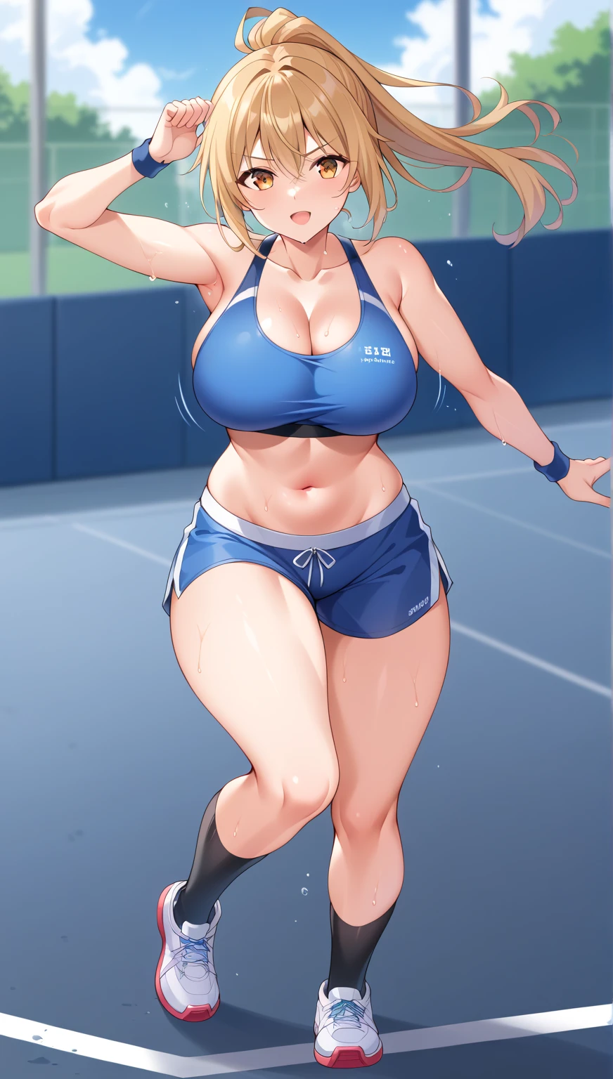 Woman in a sport outfit, sport bra, shorts, sweaty clothes, sweaty, curvy, busty, smirk, evil, thick thighs
