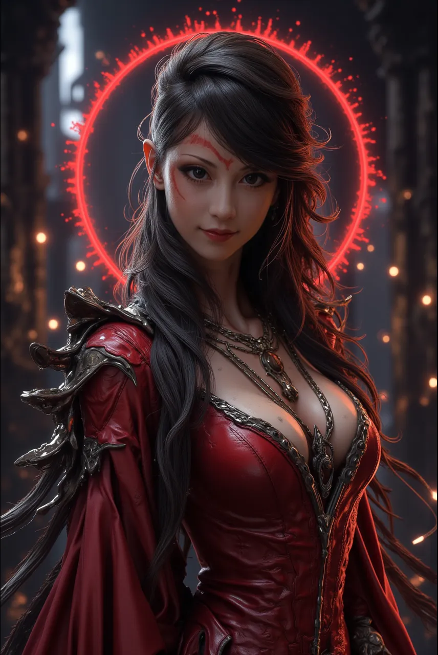 Portrait, beautiful woman with black hair and a silky red dress, hourglass figure, symmetrical figure, medium breasts, highly detailed face, beautiful face, calming blue eyes, lush pink lips, alluring, flirting with camera, stunning digital illustration, red lightning storm fantasy background, beautiful digital artwork, magenta lighting, glossy digital painting, gorgeous digital art, 4k detailed digital art, beautiful digital illustration, 4k highly detailed digital art, beautiful digital art, realistic digital art 4k, realistic digital art 4k, airbrush digital art