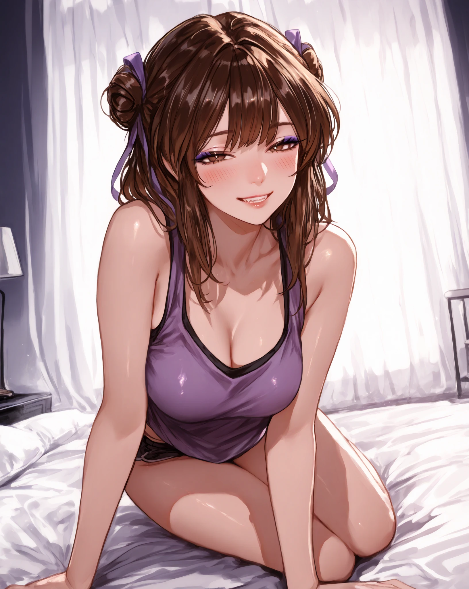 1 Japanese girl, very detailed, goth, smiling facial expression, huge breasts, dark hair with twintails, looking at viewer, purple tank top with visible underboob, purple and white striped spandex panties, living room, lying on couch with open legs