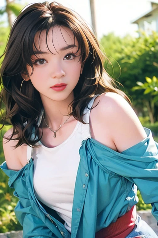He is wearing a colorful, oversized yellow T-shirt.., Highest quality, masterpiece, Ultra-high resolution, (Realistic:1.4), RAW Photos, One Girl, Off the shoulder, In the Dark, Deep Shadow, Moderate, Night Alley, short hair, roadside, Sitting, 20-year-old,Cute Face, Tight shirt,(head shot:1.5)