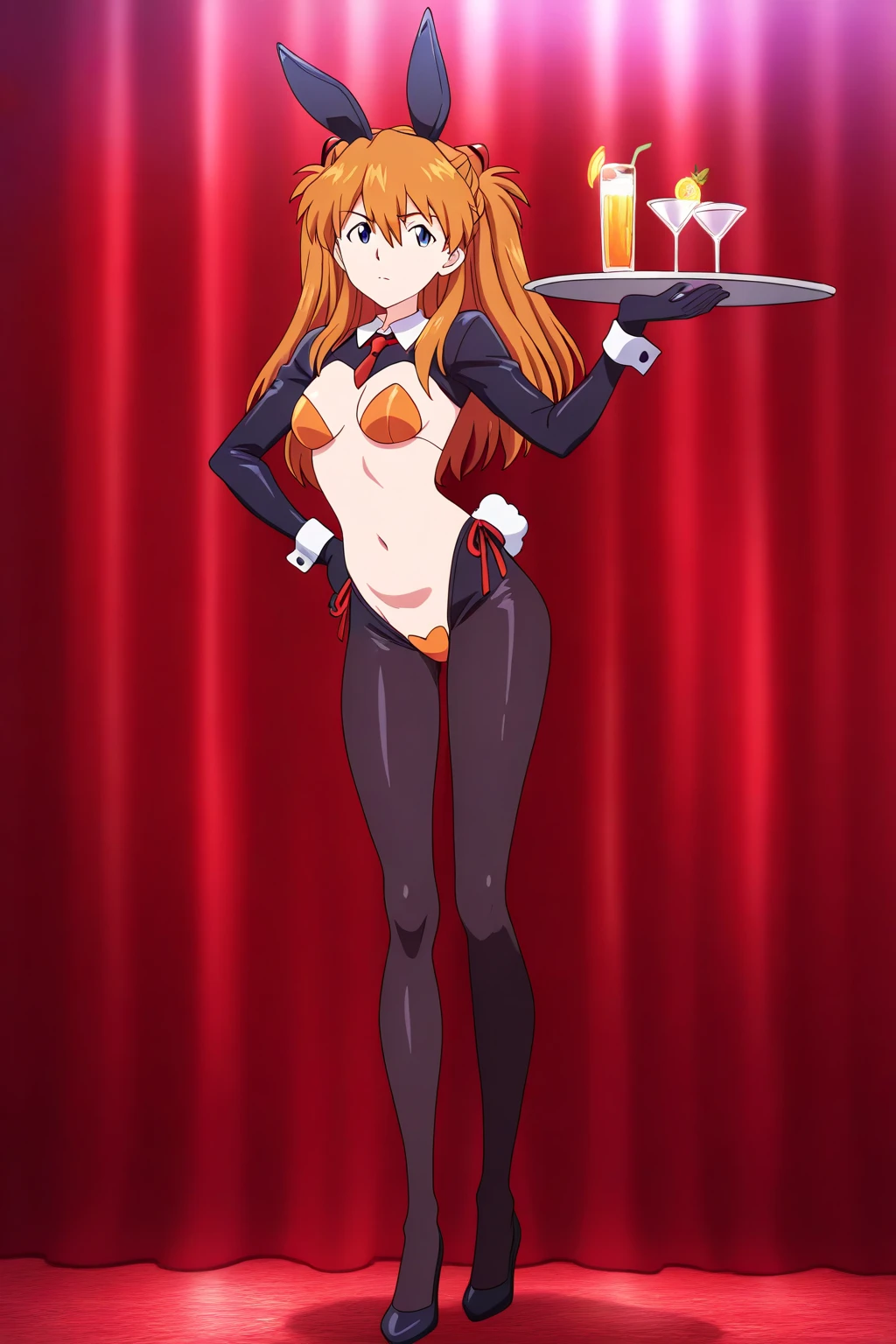 Masterpiece, best quality, from side, standing, love live style,solo , honoka kousaka, blue eyes, orange hair,playboy bunny,smile , standing on one leg, bar, condoms attached to her clothes