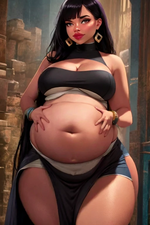 Bbw girl holding her huge fat chubby soft belly, she's sitting next to a dragon skull. Pretty face, red cheeks, très détaillée, robe noire, gros ventre, fat face