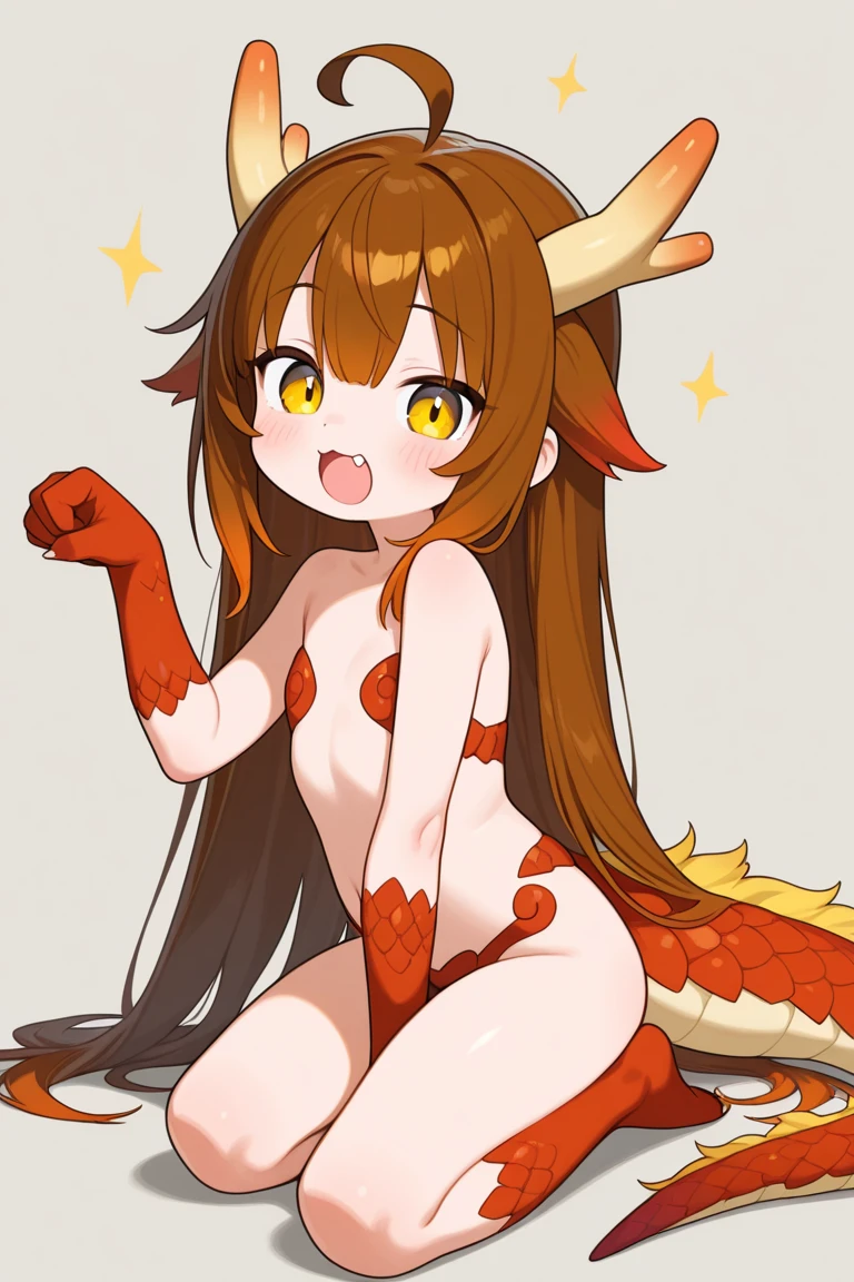 1 Cute naughty toddler Girl, large breasts, thick legs, (two side up:1.4, long hair, red hair, short dragon's horns attached to the head:1.2, dragon tail:1.3), brown eyes, (naked:1.3), (blush, ;d, yuruyuri), at the adventurer's guild, A bulletin board with posted paper