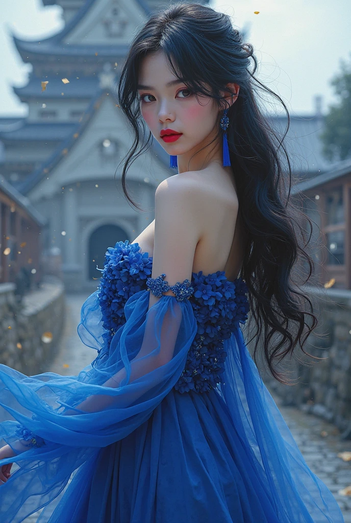 ((High quality, 8k, perfect quality, realistic)), beautiful, perfect face, looking out the window, night, ((dark room)), restless, short nightdress, looking at the window, Dawn view in the village, color hair black and cyan, dawn in the village, In front of the house