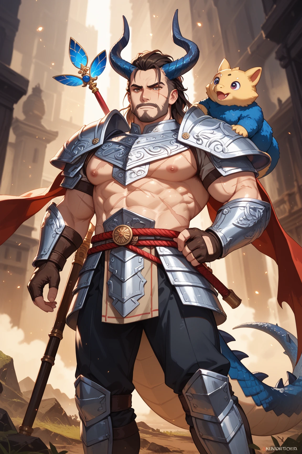 ((masterpiece), best quality, high quality, professional quality, highly detailed, highres, perfect lighting, natural lighting), (1boy, muscular, handsome, goatee, medium length hair, blue hair), wearing fantasy clothing, riding a dragon, outdoors