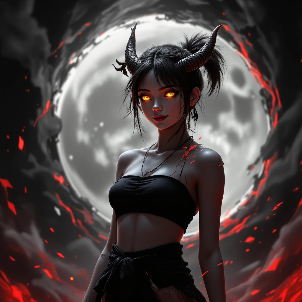 cute and sexy devil girl, short body, black hair, orange eyes, eyes glowing, red skin, horns, choker, small breasts, serious face, semi-realistic style, outliner, hell background, dark sky background, moon light, face close up