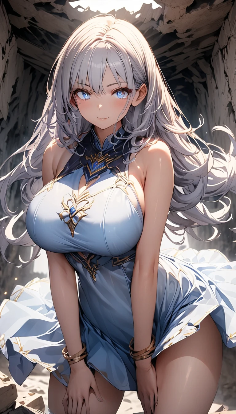 a noble girl wearing blue princess dress with open top, very revealing top, white curly hair, red eyes, pale skin, very huge breast, very huge chest
