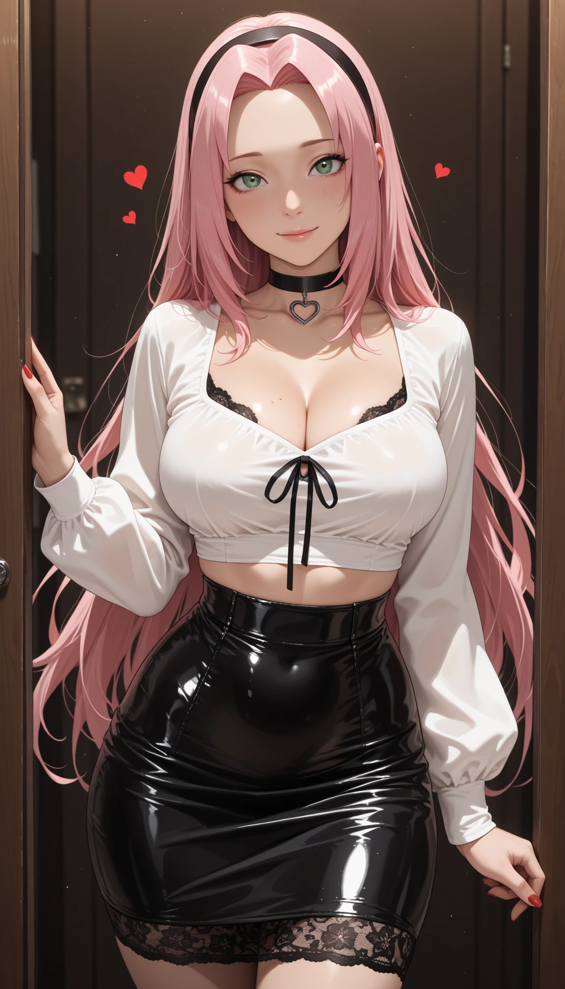Masterpiece, Best Quality, (perfect anatomy,realist:1.3, view from front, facial focus,(without looking at the viewer:1.2), (1 girl in:1), 1 woman, (big breasts:1.2), sexy body, thin waist, Attractive front curves, round and soft chest, disgusted face, (black fur:1.6, long pink hair), evening, Heavy Rain, exterior, City, crop top, choker 1:6, (White long sleeve collar shirt:1.4), (corset black leather), (shiny black tight mini skirt), blood stains, snowy dark forest, snow, night sky, Atmosphere, perfect hands, (black pantyhose), black pantyhose