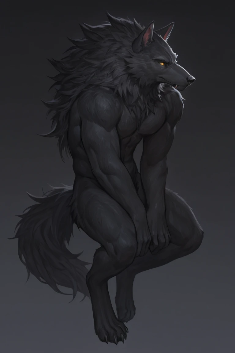 adult male, anthro jackal, dat ass, big butt, nude, looking at viewer, looking back at viewer, purple eyes, glowing eyes, black fur, black body, full black body, full black fur, athletic male, body completely in black,