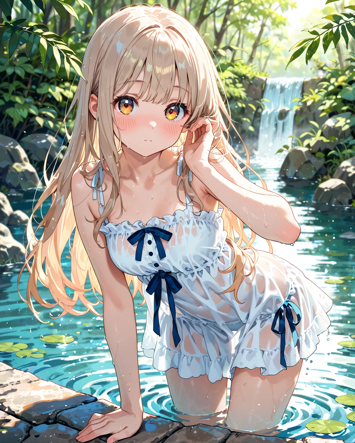 Loli anime girl, Realistic shadows, Delicate skin, The breasts are very small, Black Hair, Very detailed, 8k highly detailed face, Perfect face shape, Full, perfect lips, Perfect nose, Correction of beautiful eyes, Viewers, White shirt, Flowering, masterpiece, best quality, Single Girl, very good, No, Solitary