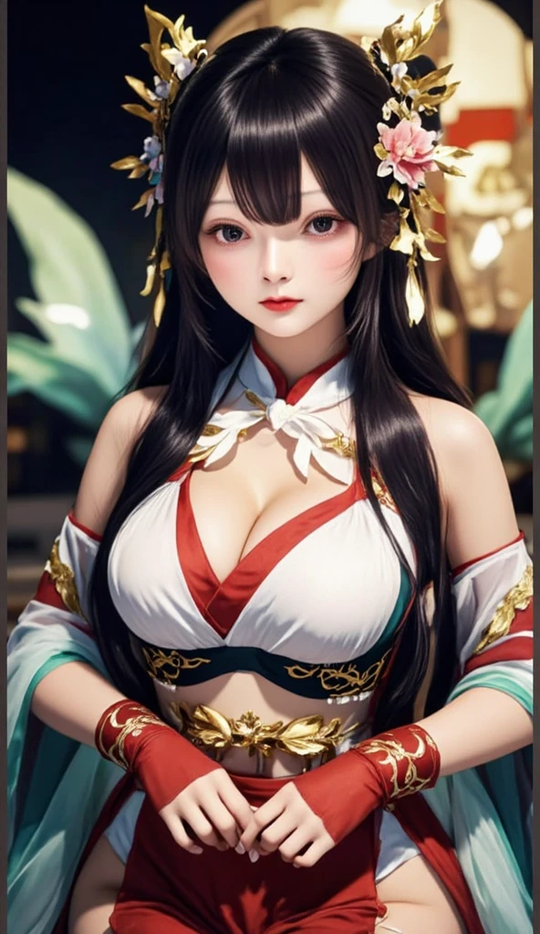 1girl, (upper body:1.3), hair ornament, necklace, jewelry, long hair, earrings, highres, hair ribbon,(Beautiful face:1.2),detailed beautiful eyes,(gigantic breasts  :1.3), skinny body,shiny skin,Slim waist,(8k_wallpaper), Intricate and refined delicate details, (no underwear:1.4),(see-through clothes:1.4),toned abs,detached sleeves, beautiful_mistake-8500,(hands behind head:1.3), <lora:banbanbai_10:0.6>