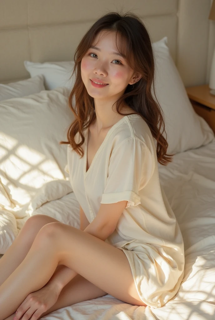 ((Highest quality)), On a white bed, Sitting, Cute woman, A photo from a little distance
