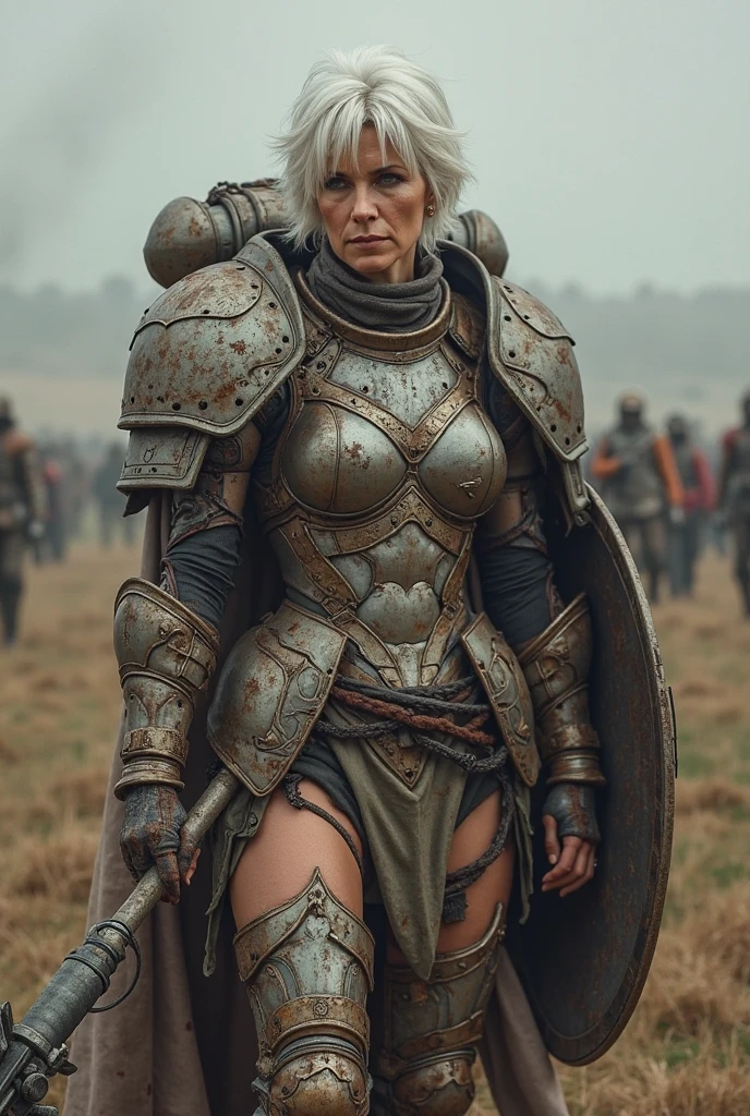(post-apocalyptic, palacio, Linda chica guerrera con armadura oxidada:1.2) (Pecas, Manchas en la piel, sangre:1.2), bollos de pelo,
Profundidad de campo, polvo ligero, al aire libre, edificios con fuego, humo