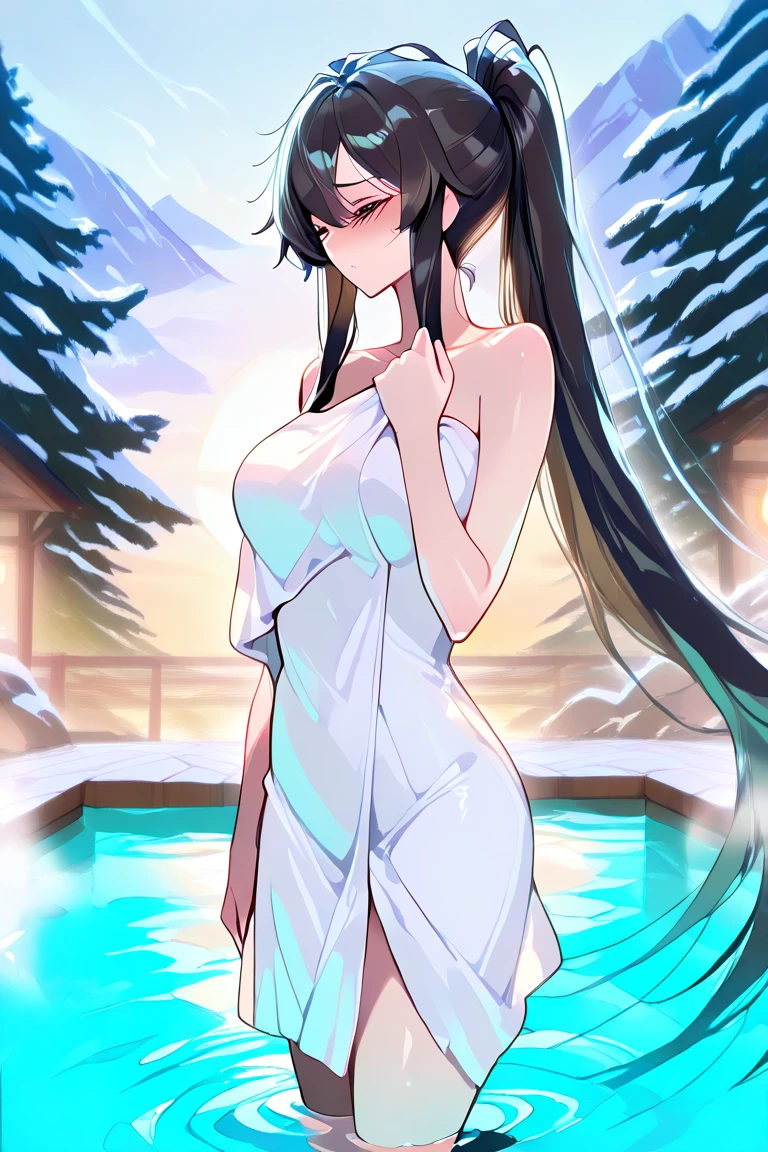 Chitanda，There is only one beautiful girl，Purple Eyes, Black Hair, Natural straight hair, Straight bangs，Extremely refined，open your lips，Face is so red，Very white skin，Skin as delicate as porcelain，Glowing skin，big eyes，Flowing long hair，beautiful girl, Like a dream，Slim，Slim waist，soft, (sensuous), (Kawaii), Dream quality，Sweaty and sweaty，Wet skin，Side breasts，snowflake，Playing in the snow on the snow mountain，White transparent dress，Profile，（Completely naked），Gluteal groove，The outline of the breasts is visible through clothing，Completely naked back，nacked hip，very close，Deep V neckline，Loose neckline，Beautiful big breasts，No pants，nopan，no pants，Bare shoulders，There are no shoulder straps，Exposed collarbone，Delicate clavicle，Delicate hands and feet，Bare neck，There are no clothes around the neck，Bare thighs，Exposed groin，Camel toe，extremely shy，Ultra-high resolution, (masterpiece:1.2, best quality), (Delicate and beautiful eyes: 1.2), (Beautiful and delicate face)
