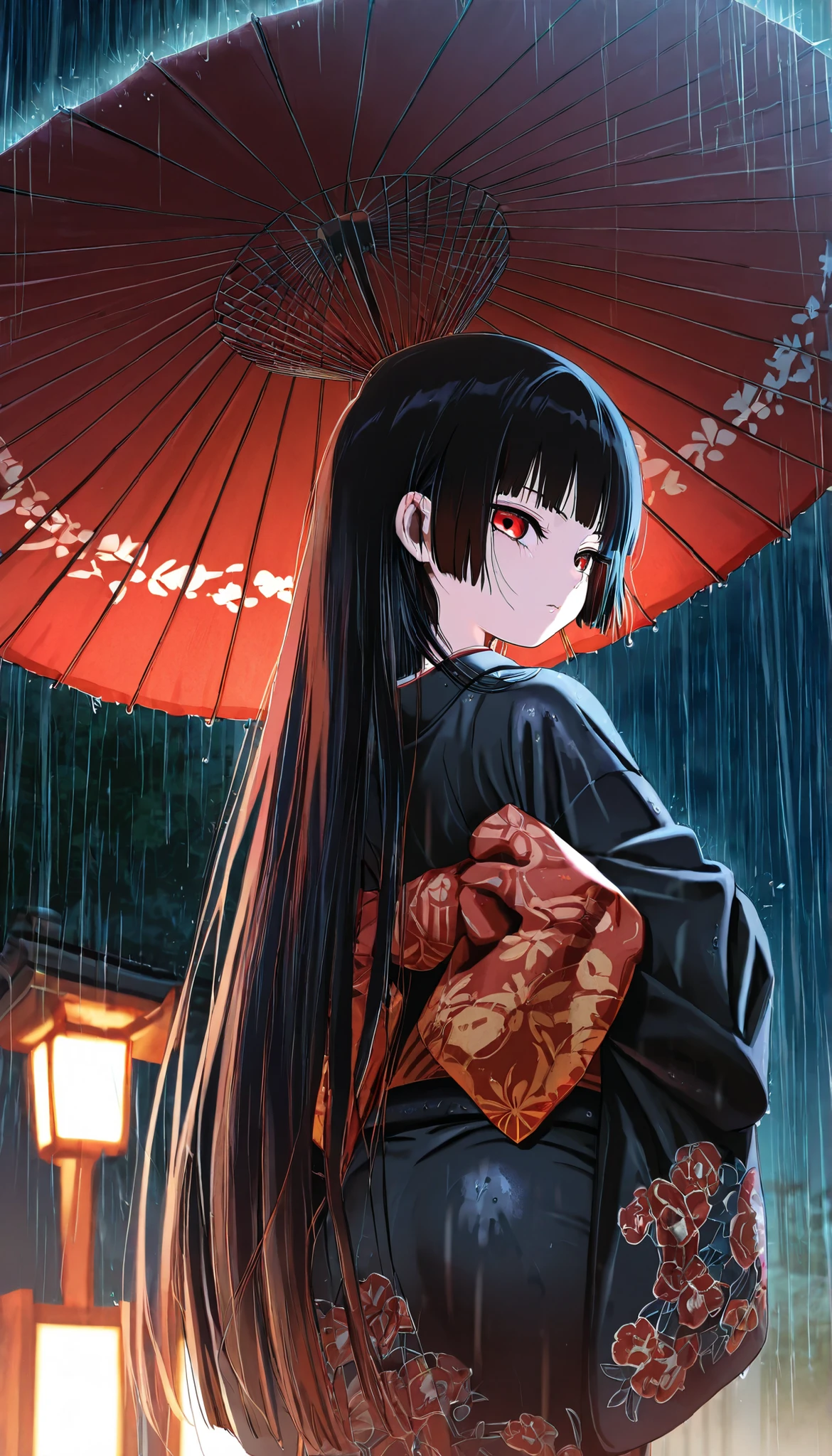 masterpiece, High Quality, High Quality , Newest, night,rain,Outdoors,glare,I don't see viewers One Samurai Girl, Alone,
Enma Ai, Kimono, long hair, black hair, luxurious embroidered Kimono , Home Cut, bang, blunt bang, gem, black Kimono, Red Eyes, BREAK
Understanding ,look back,umbrella, red umbrella, oil-paper umbrella, Bangasa · Japanese sword also holds in her right hand