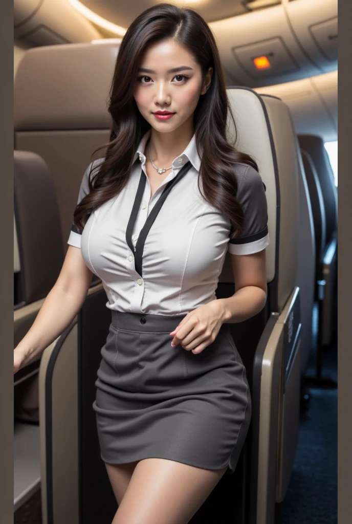 masterpiece, high-detail, the most pornographic airline stewardess in the world, ((pornographic)), in air hostess costume, brunette long hair, bob hairstyle, legs, ((( medium Breasts 1.9))) thick thighs,wide hips, Air hostess dress, slim body, ((air hostess)) (UHD, 8K wallpaper, High resolution), Cinematic lighting, physically-based rendering, award-winning, extremely detailed skin, extra detailed face, high detail eyes, Carl Zeiss 85 mm F/1.4, by Ellen von Unwerth
