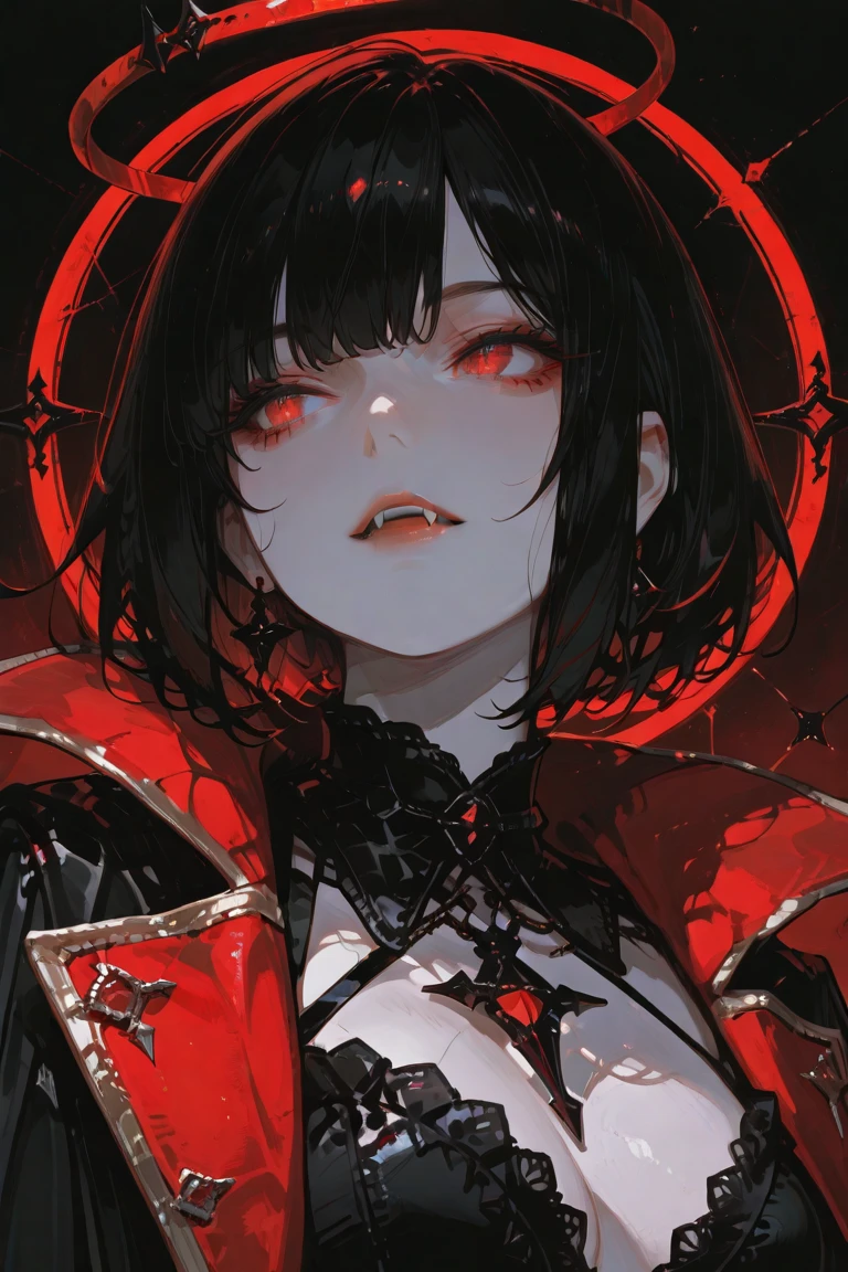 Draw a gothic vampire blood splash on her face ,red plain background , vampire ghotic . only red background red everything