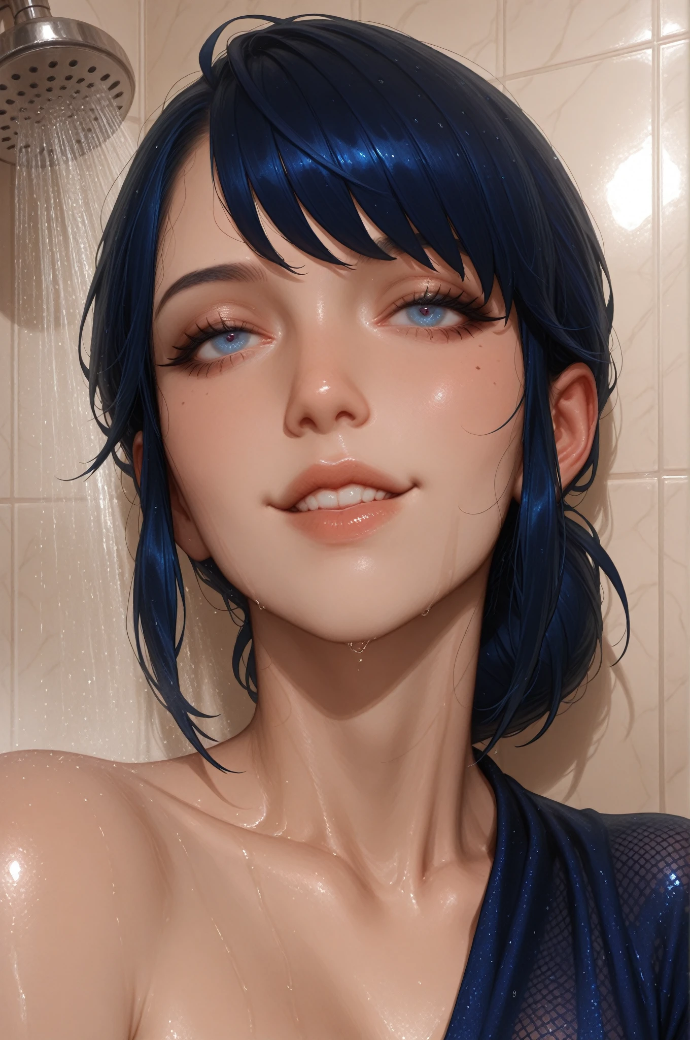 (masterpiece, highres, best quality, vivid, dynamic light:1.2), (closeup dynamic angle full face shot:1.3), mature woman, solo, (seductive embarrassed face, tightly closed eyes:1.4), (huge heavy wide clean breast cleavage:1.3), (turquoise blue hair:1.2), (curvy, thick, chubby:1.2) (nude, shiny clean dark black brown skin:1.2),