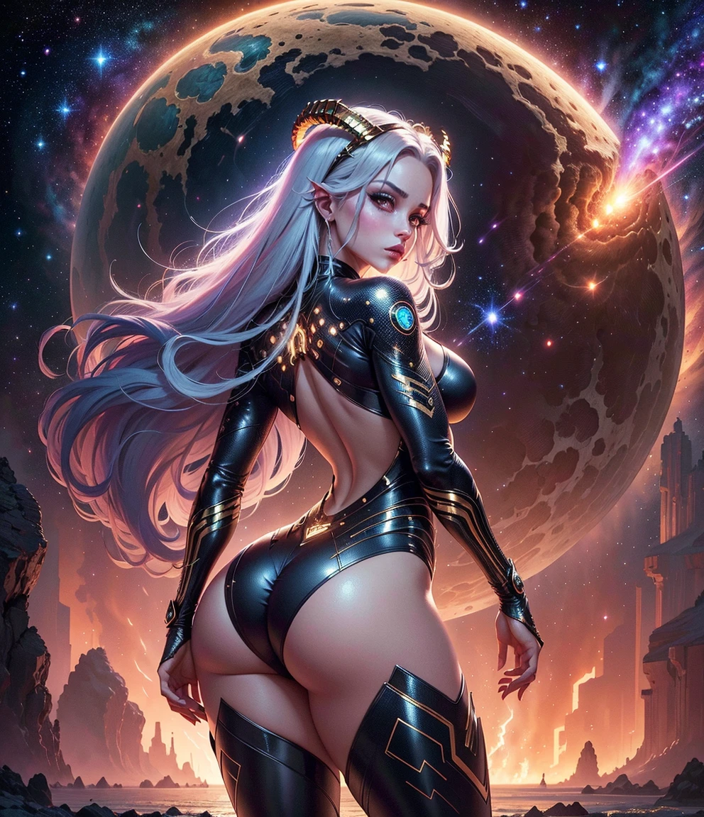 "(Prioritizing the exceptional image quality and astonishing level of detail), generate an awe-inspiring (photorealistic:1.1) giant female half human half owl on alien planet, space, sexy, erotic, cosmic horror, vintage science fiction."