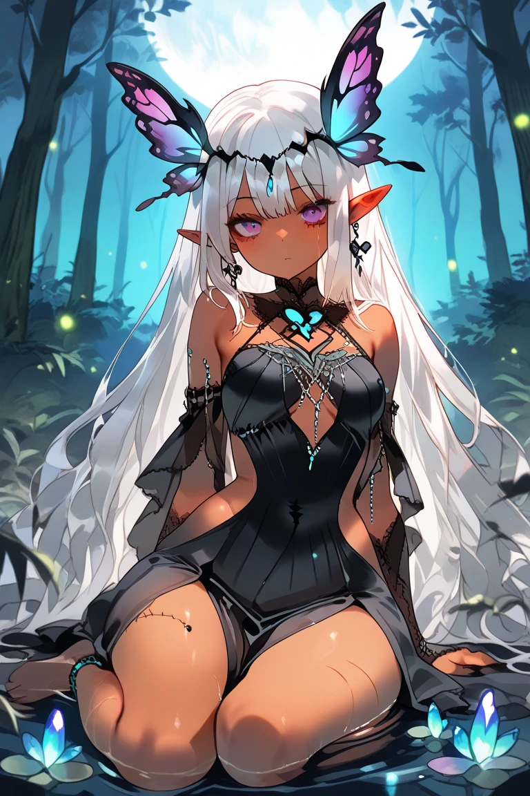 1girl, reclining, looking at viewer, beautiful eyes, (moth girl, moth antennae, fur moth wings:1.1), white hair, pink eyes, very long hair, medium breasts, (covered nipples:0.9), see-through, sheer, long skirt, stoic, glitter lights, flower, plant, pond, reflection, night, moon, bloom effect <hypernet:mothlikev2:0.6> <lora:Takemura_Youhei_style_v02:1>