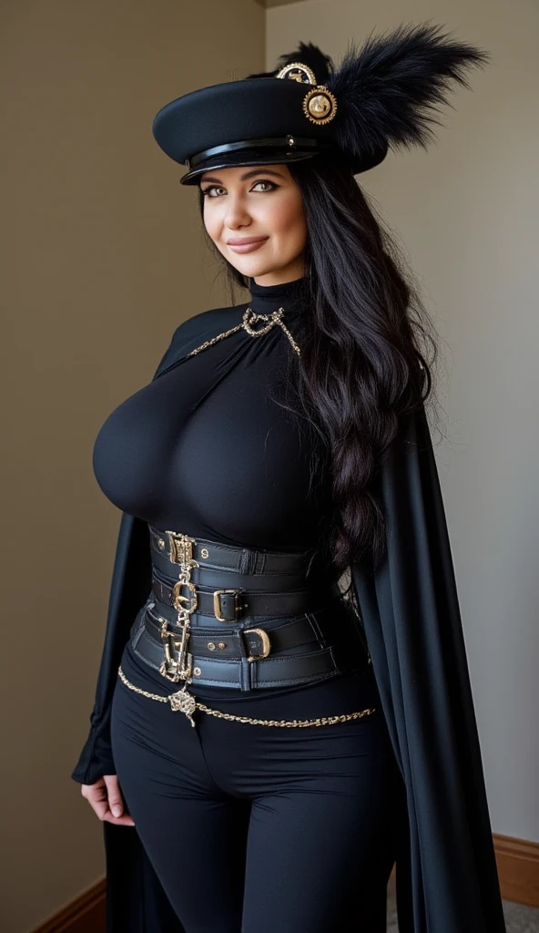 (masterpiece, top quality, best quality, official art, beautiful and aesthetic:1.2), (1girl:1.3), perfect skin, extremely detailed, portrait, looking at viewer, solo, (full body:0.6), detailed background, close up, (dark temple theme:1.1), giant brunette monster woman, ((big hair)), (pale skin, off-white skin), ((lamia, gigantic snake tail, (dancing), arched back)), charlatan, smirk, mysterious, dark ancient cathedral, jewelry, body decorations, tight sleeves, black armor, armlets, bracelets, waist chain, ((((bandeau top, gigantic breasts, pelvic curtain)))), slim waist, slim hips, long legs, (ruined ancient cathedral background:1.1) detailed background, dark mysterious lighting, shadows, magical atmosphere, dutch angle,