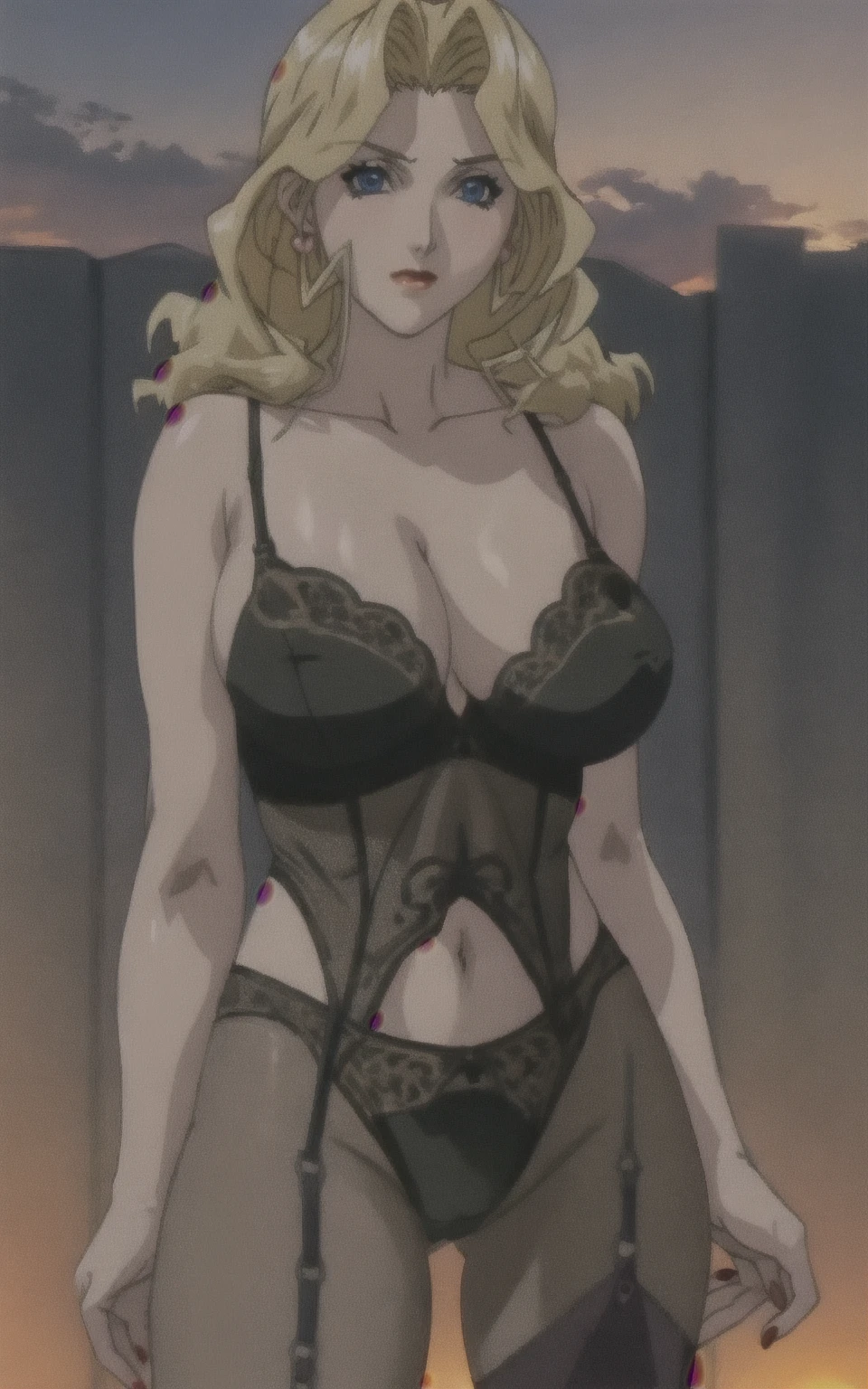 Best quality, masterpiece, ultra high res, 1girl, sexy, in the dark, deep shadow, low key, cold light, milf, blonde, dynamic light, cinematic lighting, cinematic lighting, down blouse, mature woman, middle parted hair, nsfw, natural breast, upper body, milf, samui, simple smile, armpits visible, detailed armpits